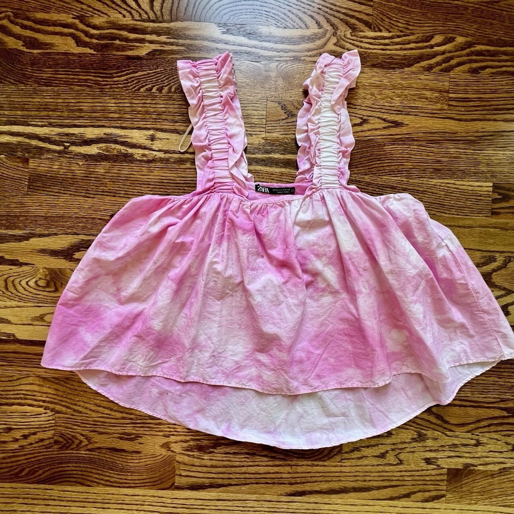 Zara Pink White Marble Tie Dye Cropped Baby Doll Tank Top 100% Cotton Sz Small